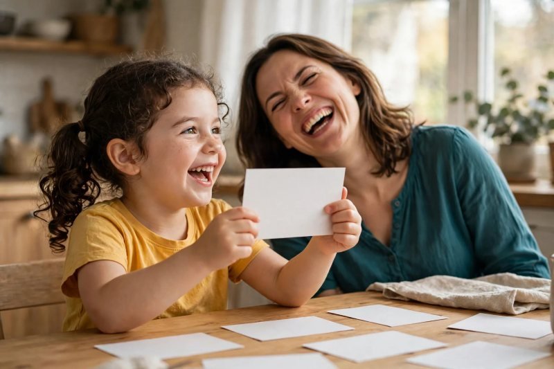 Giggling girl covers a card's end with her thumb while her mother pretends to read it wrong