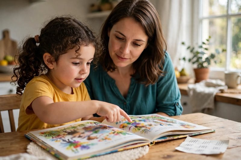 Girl points at an open picture book hunting a_e words, tally sheet nearby, mother watching