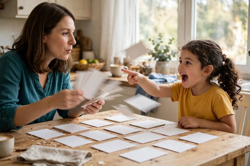 Mother flips blank cards fast in a motion blur as her daughter shouts each word, pointing eagerly