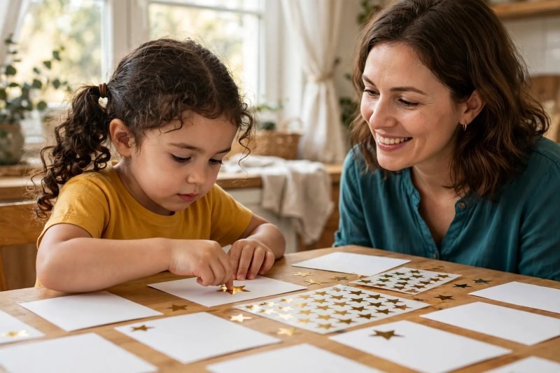 Little girl presses a gold star sticker onto a blank word card as her mother smiles proudly