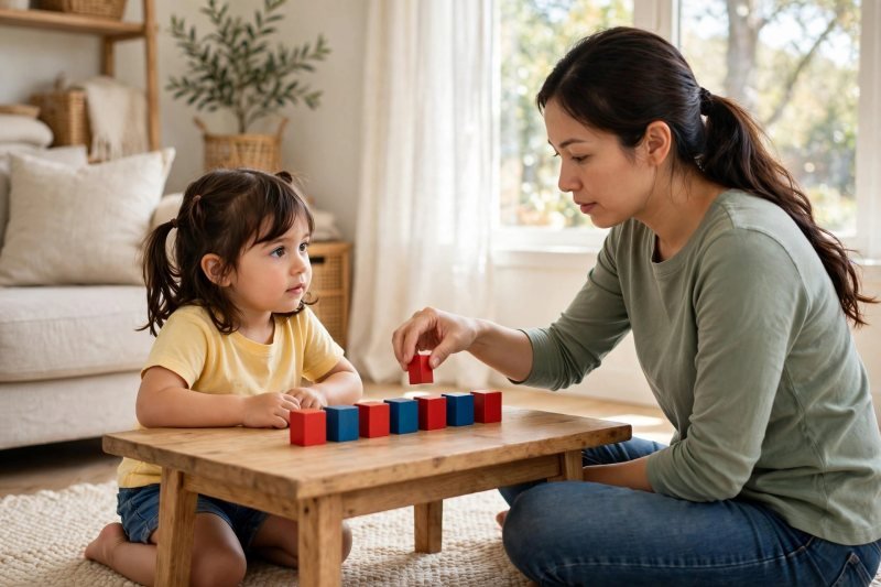 Mother placing a red block into an alternating row while her preschooler watches