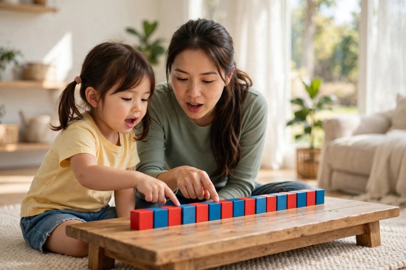 Mother and child tracing an alternating block row together, reading the pattern aloud