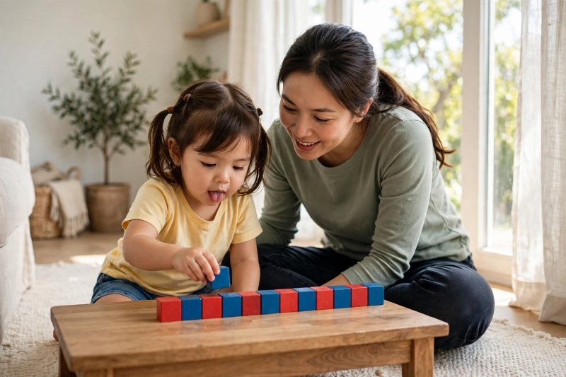 Preschooler copying her mother's red-blue block row piece for piece below it