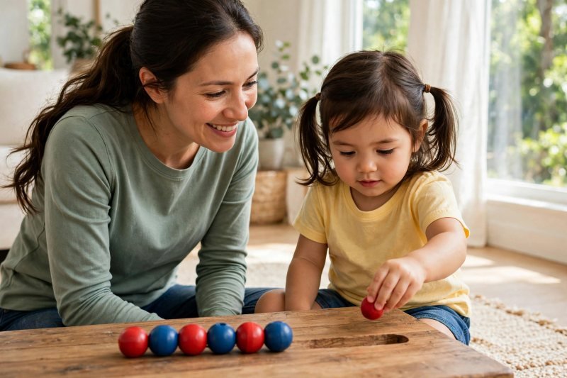 Child's hand placing a bead into the gap to extend an alternating bead pattern
