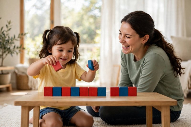 Little girl swapping the wrong block out of a broken pattern row on the table