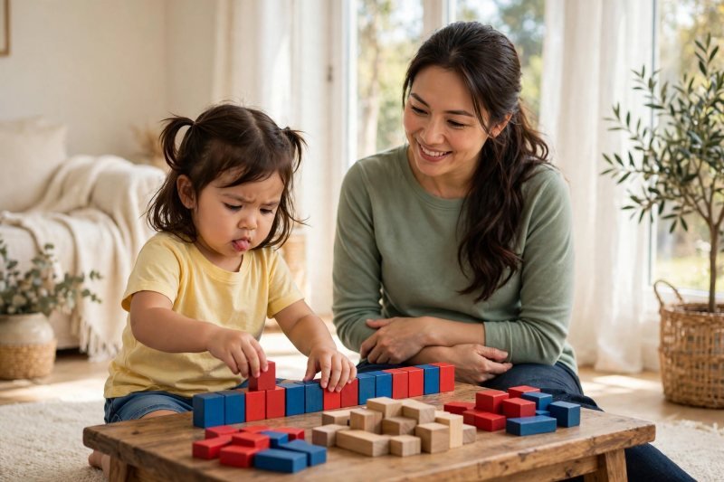 Preschooler building her own pattern from a mixed pile while her mother watches