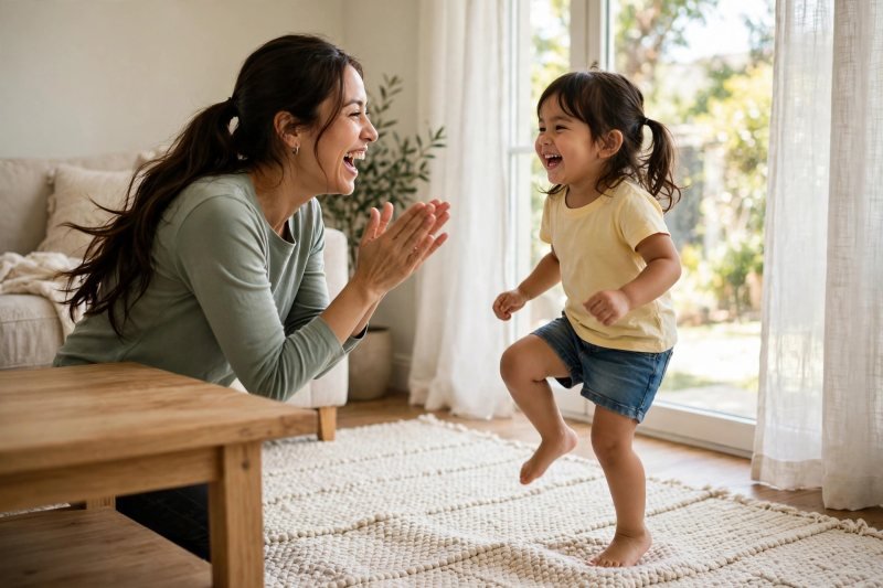 Mother and daughter playing a clap-stomp movement pattern game in the living room