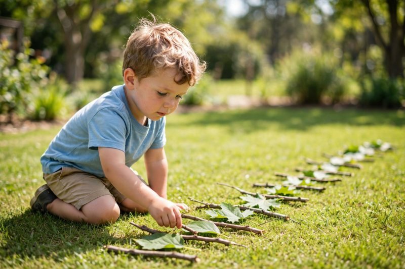 Child and mother laying an alternating stick-and-leaf row along a garden path