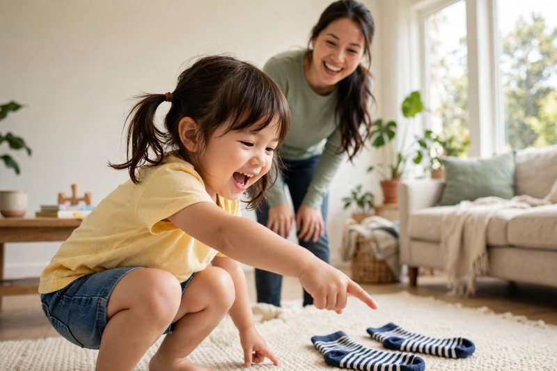 Preschooler pointing out striped socks while hunting for patterns around the house