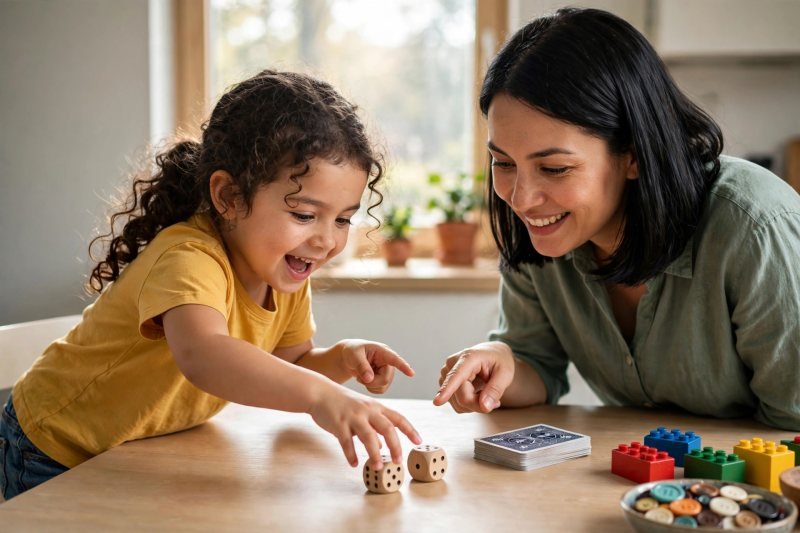 Excited five-year-old picking up wooden dice as her mother smiles beside her