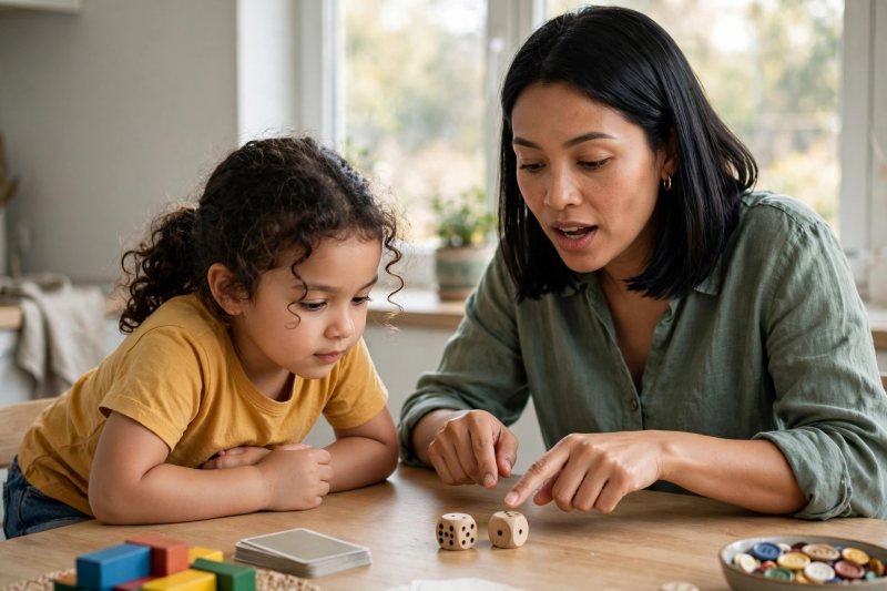 Mother demonstrating a dice roll, pointing at the pips while her daughter watches closely