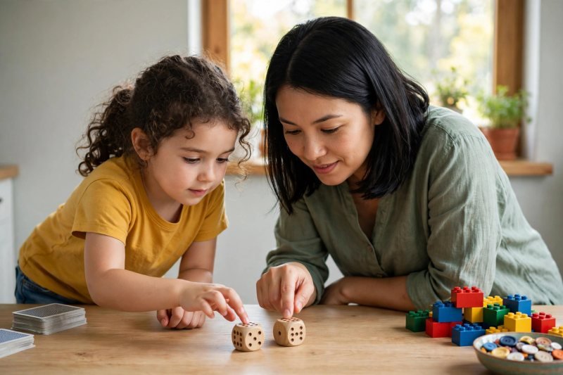 Girl and mother touching dice pips together, counting the girl's first real turn