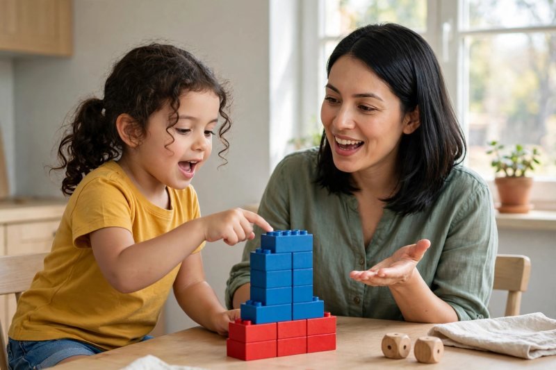 Five-year-old counting a red and blue brick tower while saying the addition sentence