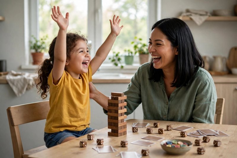 Laughing girl raising her hands in a victory cheer mid-game beside her mother