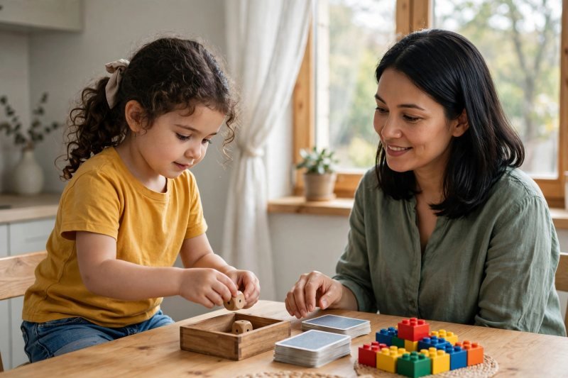Child packing wooden dice into a box with her mother, saving the game for tomorrow