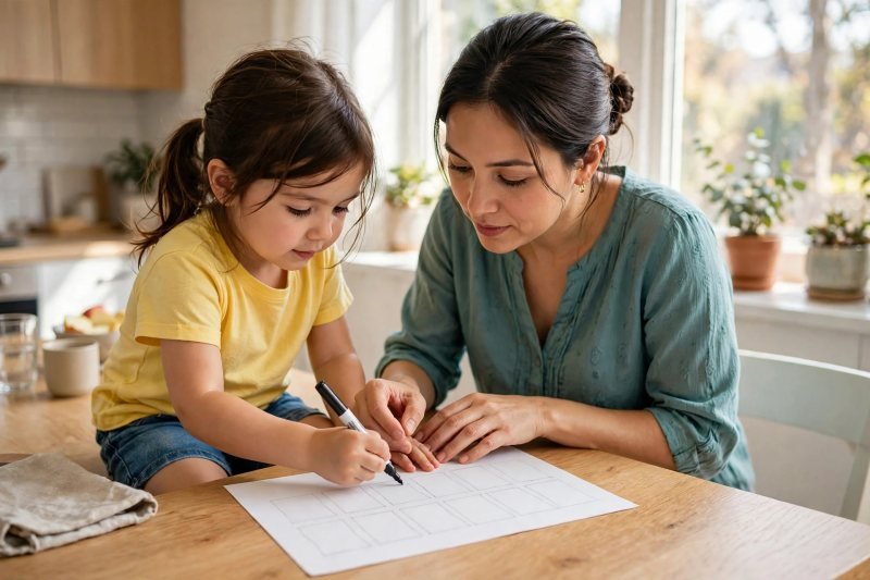 Mother guiding her daughter's hand drawing a blank two-by-five ten frame grid