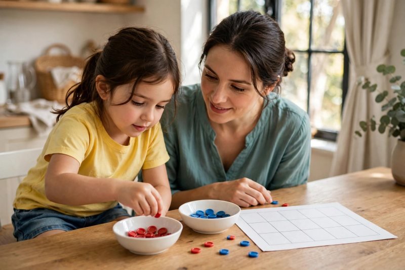 Five-year-old girl sorting red and blue counters into two white bowls