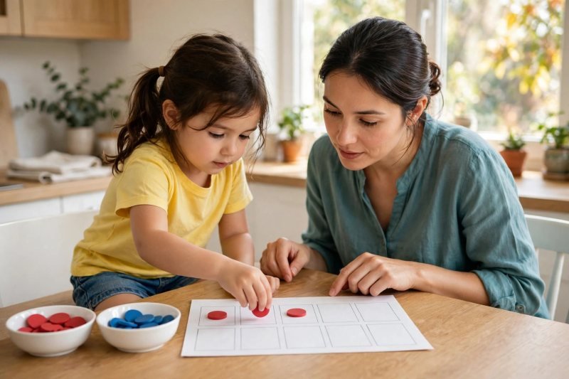 Girl placing three red counters left to right across the ten frame's top row