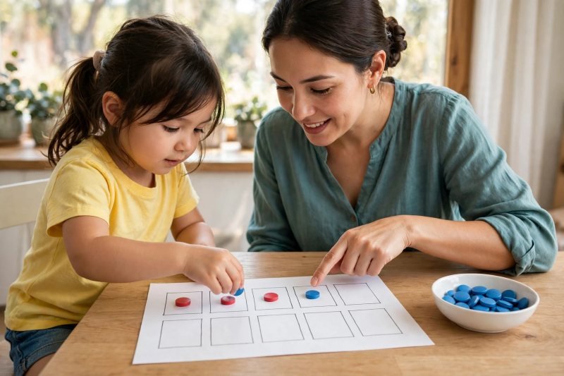 Child adding a blue counter beside red ones where they stopped