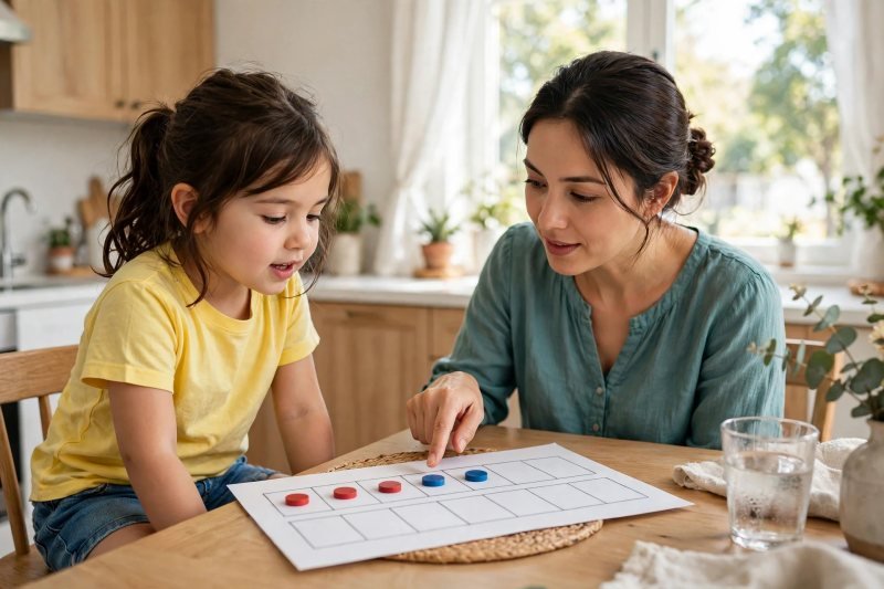 Mother pointing to red and blue groups while her daughter reads the total