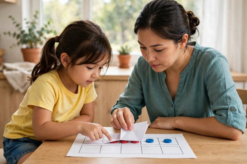 Mother covering red counters while her daughter touches each blue one
