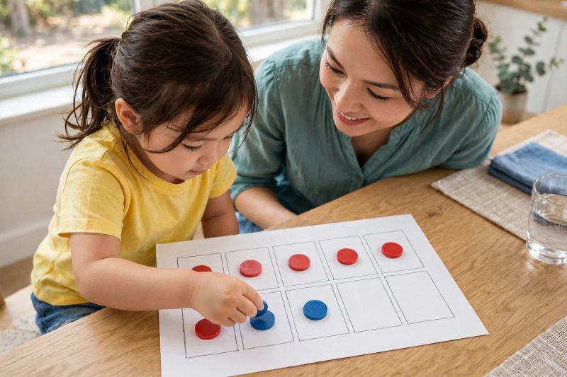 Girl filling the ten frame's empty boxes with blue counters after six reds