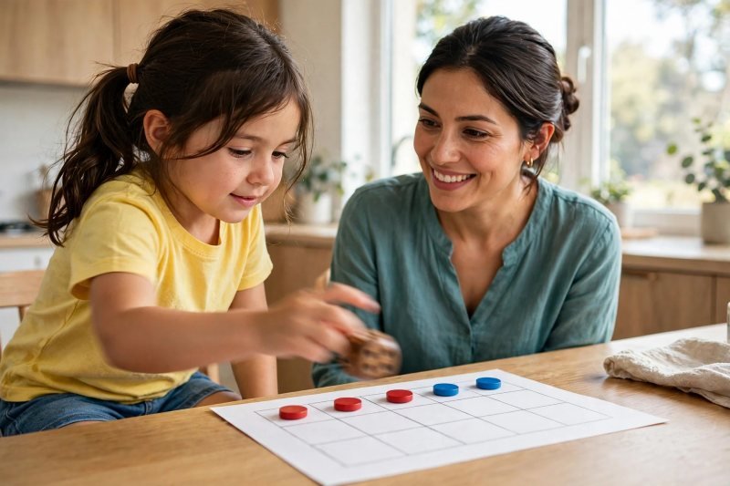 Girl rolling a blurred wooden die beside a red-and-blue ten frame