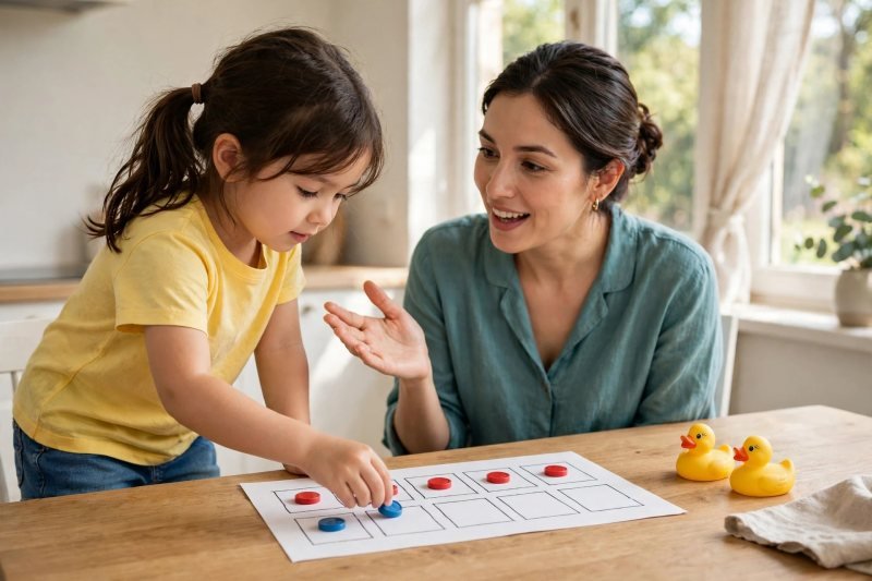 Girl building a duck story problem with five red and two blue counters