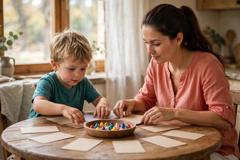 Mother and child spreading face-down story cards around counter bowl before starting