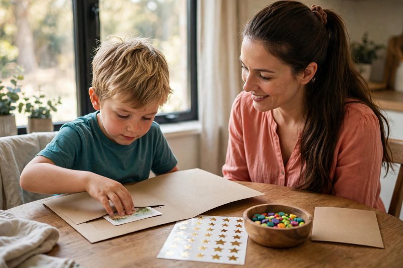 Boy sliding finished story card into folder with star stickers nearby