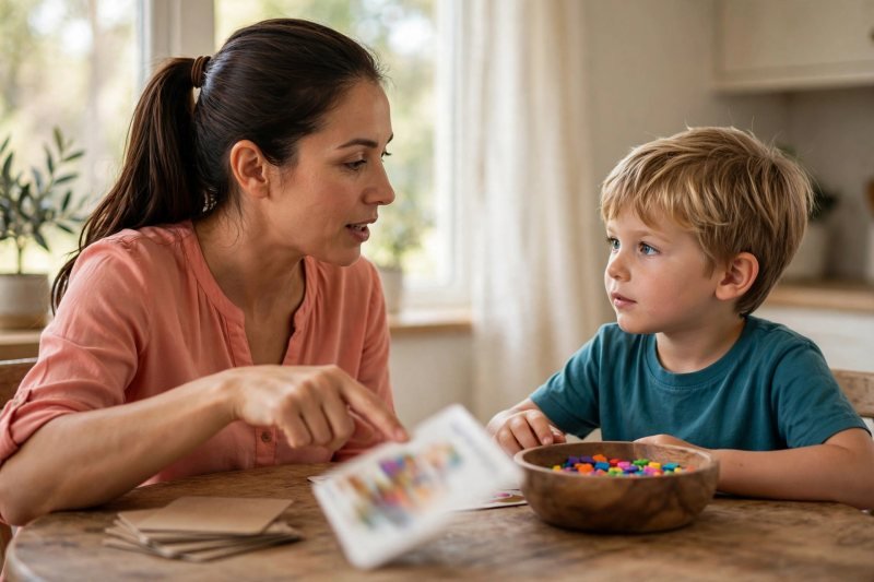 Mother reading blurred picture story card aloud while pointing for her son