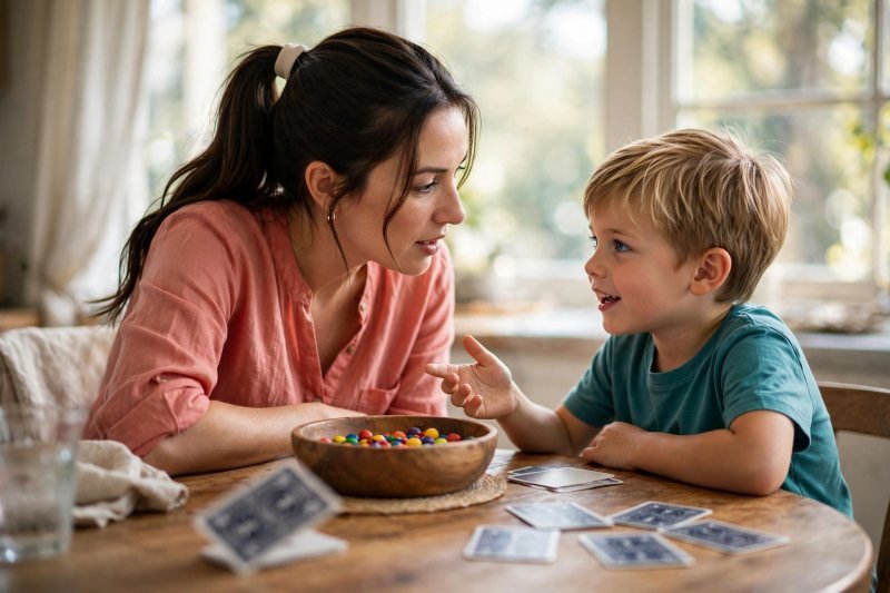Mother asking question as her son answers back eagerly at the table
