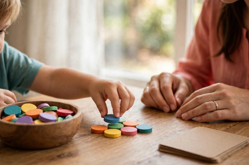 Boy touching each colorful counter while building his first small group