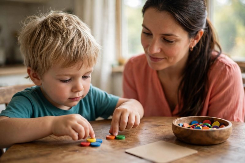 Child counting out a second small group beside his first counter pile