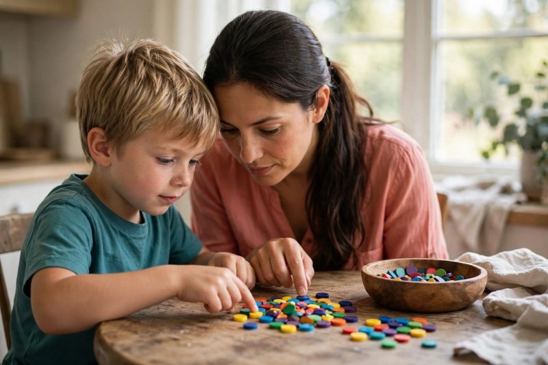 Mother and son touching each counter together while counting the group