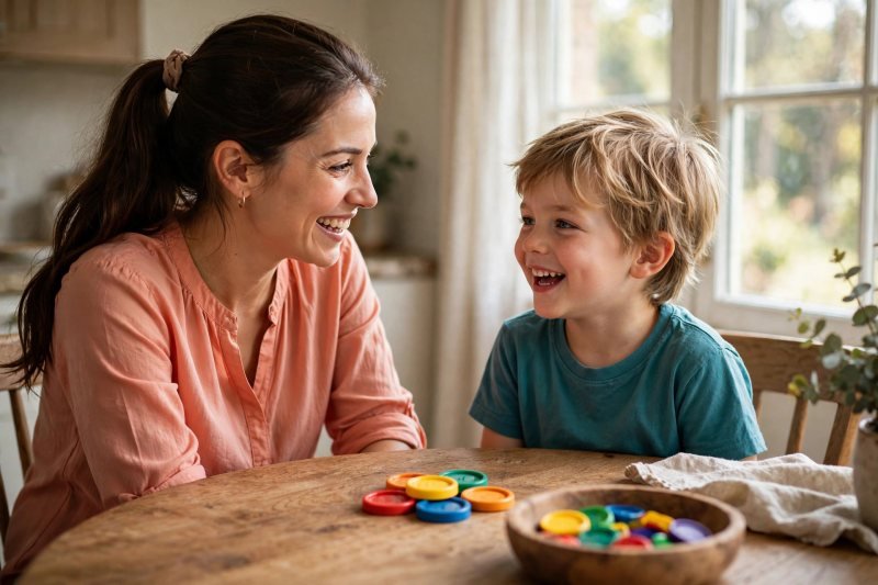 Mother and son laughing together after solving the story's addition problem