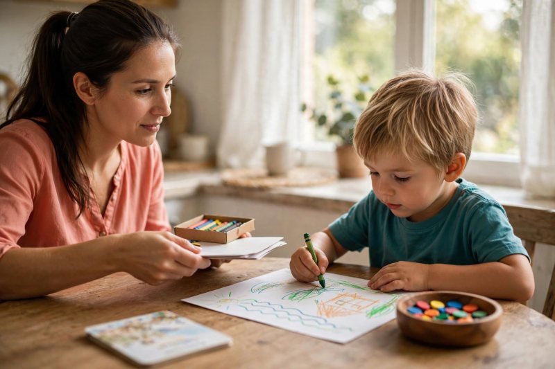 Mother handing crayons to her son drawing the story on paper