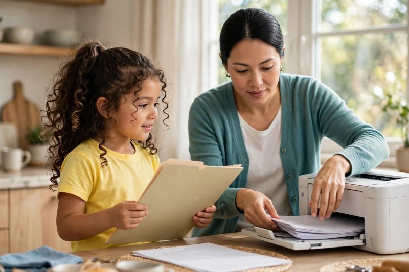 Mother collecting freshly printed addition worksheets from the printer while her daughter holds the folder