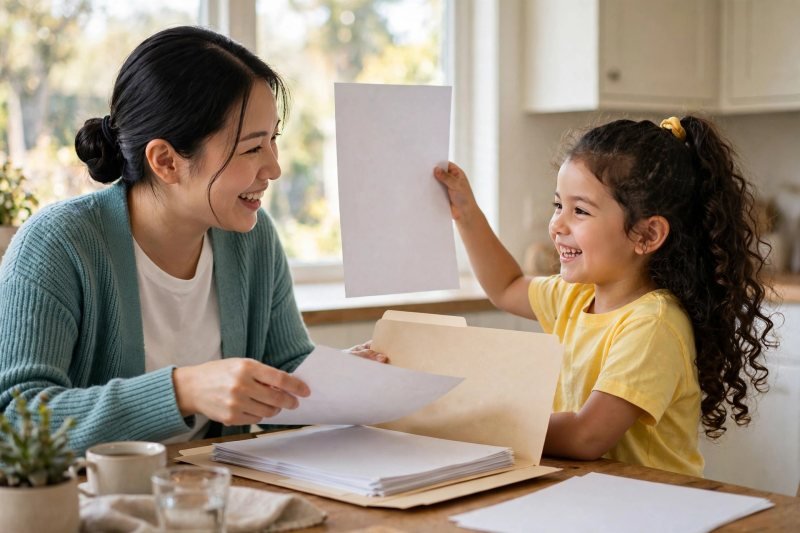 Proud girl holding up her finished worksheet as her mother files sheets into the folder