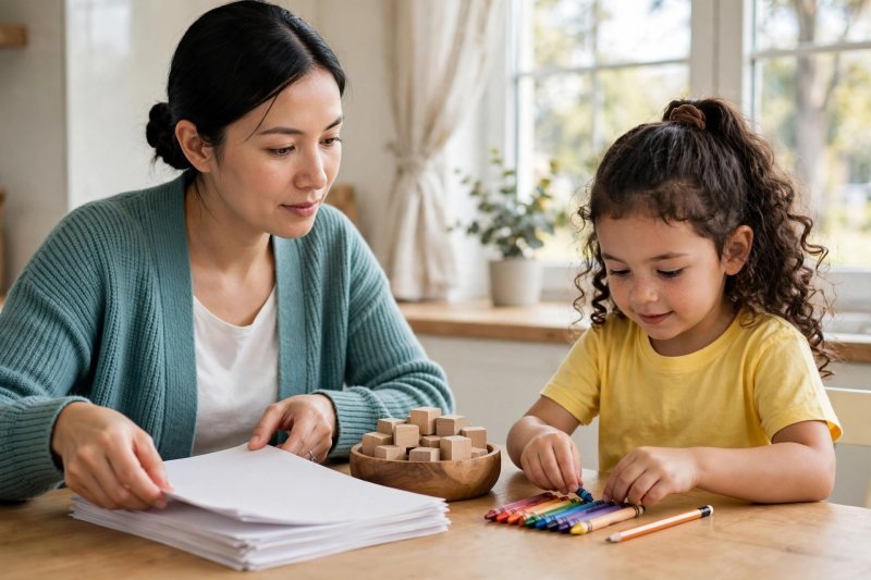 Mother and daughter setting up a math station with blank sheets, crayons and wooden counters