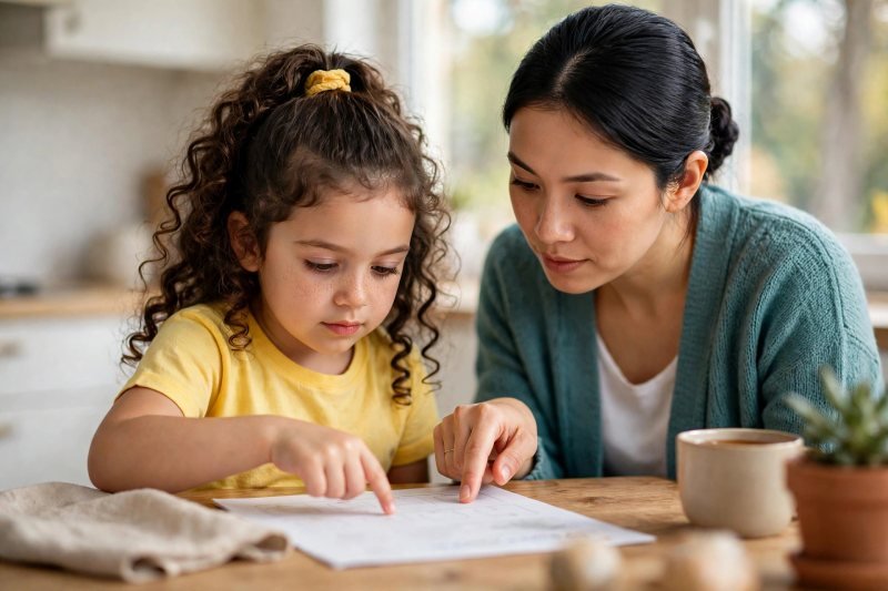 Five-year-old girl touching apple pictures on a blurred worksheet, counting aloud with her mother