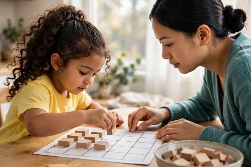 Girl placing wooden block counters into a ten-frame grid while her mother guides her hand