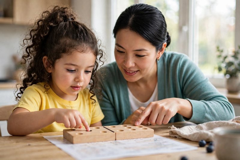 Kindergartner counting pips on a wooden domino while her mother points at the other end