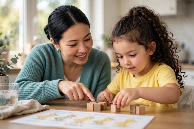 Mother and daughter acting out a duck word problem, grouping wooden counters into two piles