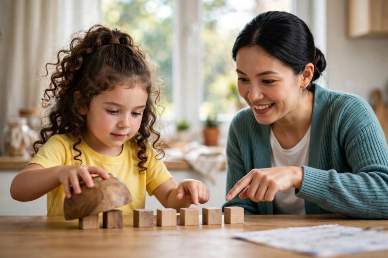 Girl hiding counters under an upside-down bowl for a missing-addend game, mother pointing