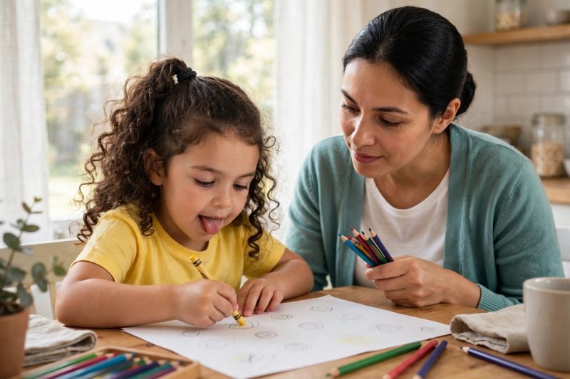 Five-year-old drawing circles on a worksheet with a crayon, tongue out in concentration