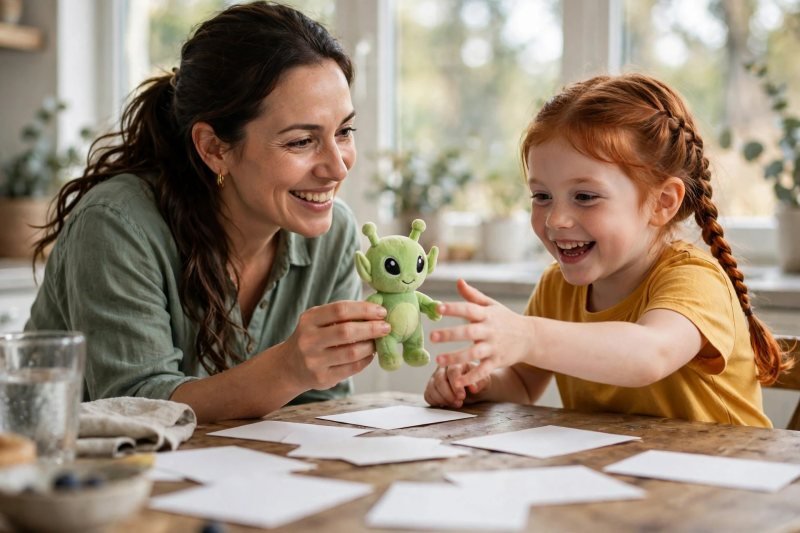 Mom introduces a plush green alien to her excited red-haired daughter at the kitchen table