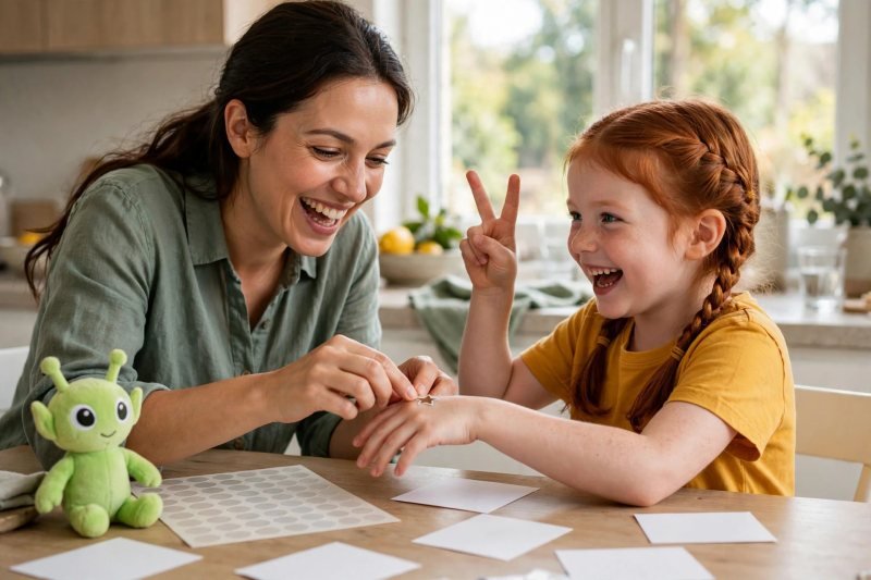 Mom presses a star sticker onto her giggling daughter's hand after phonics practice