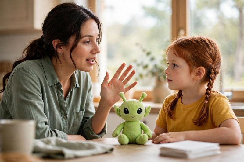 Mom explains the alien-word rule while the green alien toy sits between them