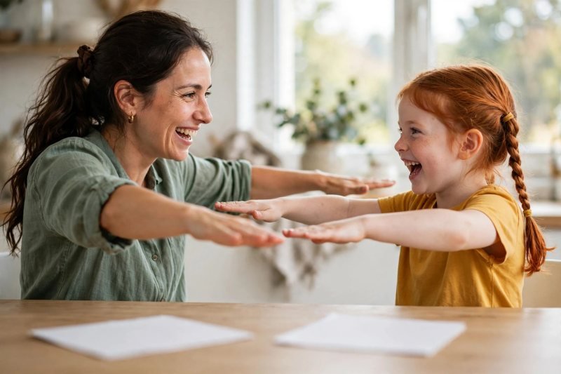 Mom and daughter strike stiff robot poses during the giggling sound warm-up